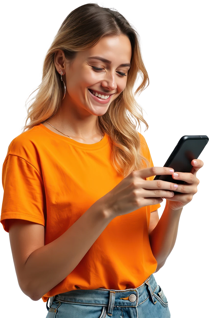 Junge Frau, angehende Wirtschaftsprüferin, blickt auf ihr Handy und plant ihre Karriere.